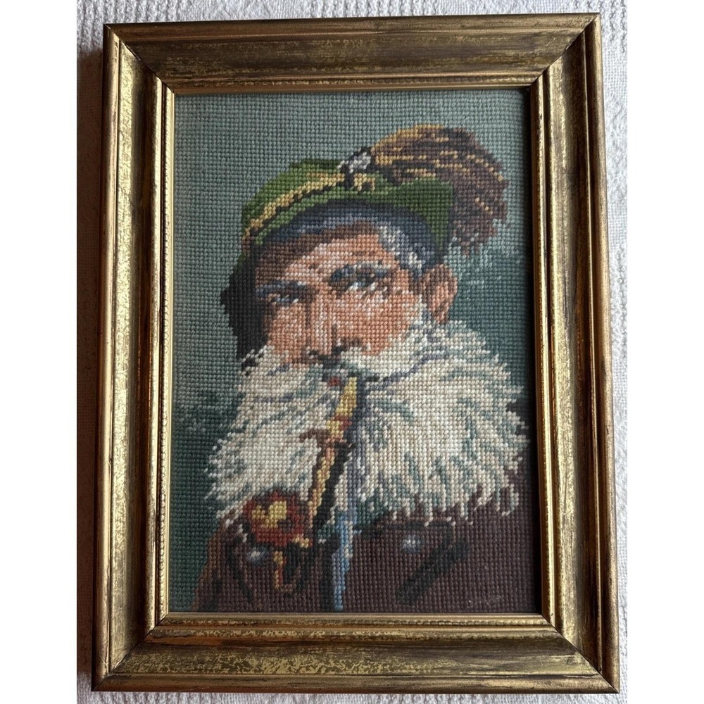 VTG Needlepoint Framed Portrait of Pipe-Smoking Sea Captain-Fisherman Wall Art